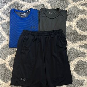 Under Armour Black Athletic Shorts & 2 Under Armour shirts